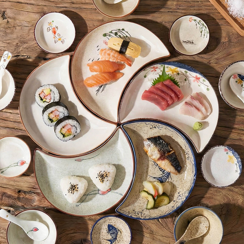 Japanese-Style Underglaze Moon-Shaped Platter, Household Ceramic Snack Plate, Party Serving Plate, Dessert Sushi Presentation Set Japanese-Style Underglaze Moon-Shaped Platter, Household Ceramic Snack Plate, Party Serving Plate, Dessert Sushi Presentation Set