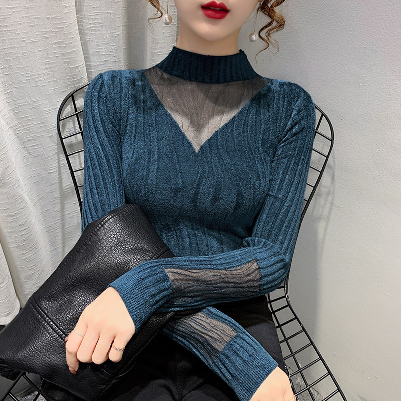 1091 Velvet Women's Top 2025 Autumn/Winter New Half-Turtleneck Lace Knitted Base Sweater