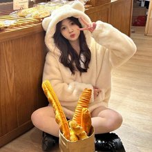 小熊耳朵连帽羊羔毛外套女冬季仿兔毛加绒加厚保暖防寒毛绒绒大衣