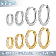 不锈钢镶锆石耳环跨境欧美微镶钻耳圈耳扣电镀金色钛钢耳饰品批发
