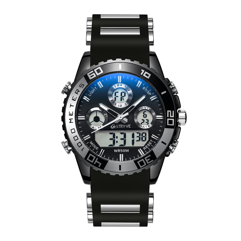 Stryve hombres de doble pantalla deportes impermeable reloj electrónico cuarzo calendario cuarzo reloj luminoso s8023