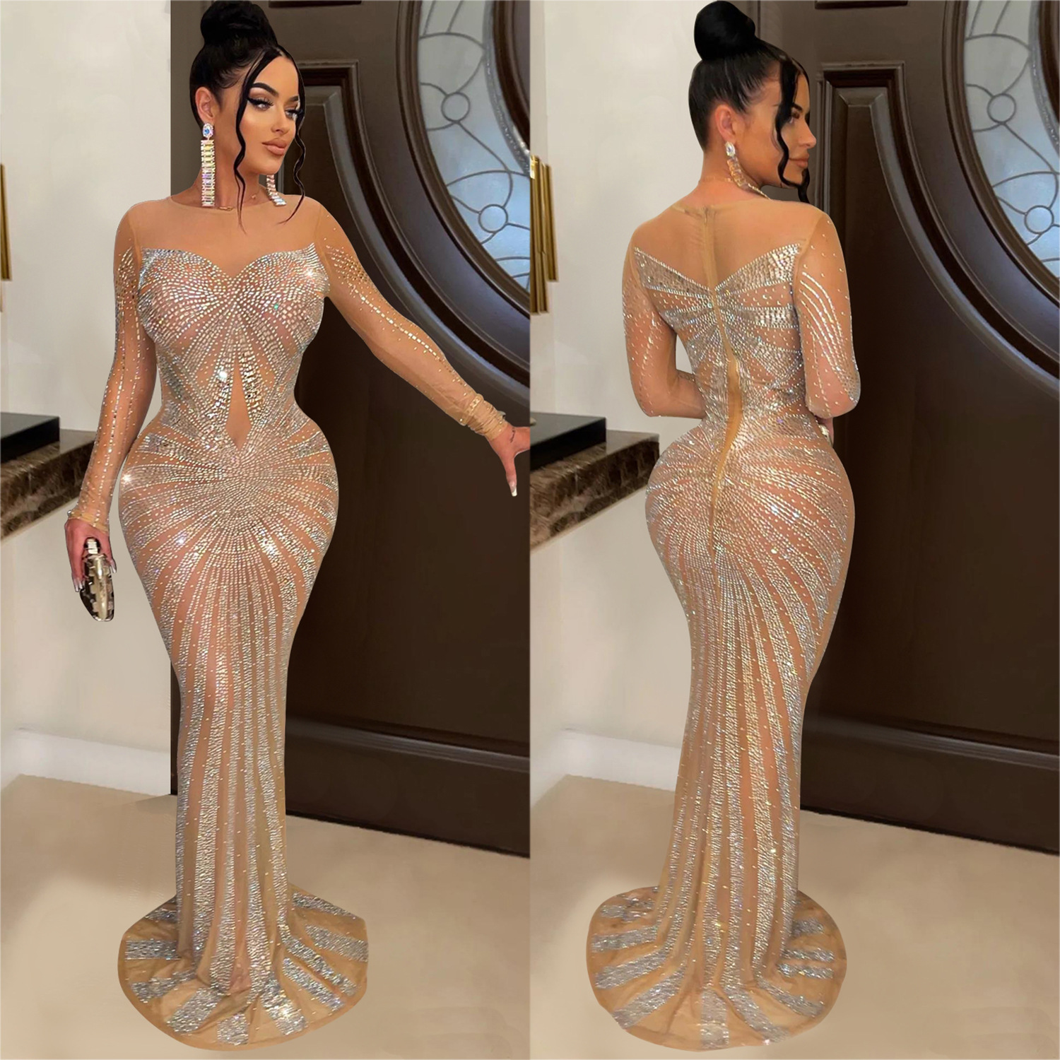 C6198 AliExpress Amazon europeo y americano de la moda de las mujeres de color sólido malla ver a través de rhinestone vestido de manga larga image 4