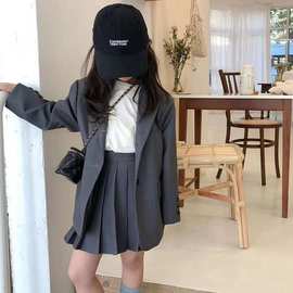 女童西装套装2025新款韩版外套春秋百褶裙洋气时髦女孩儿童小西服
