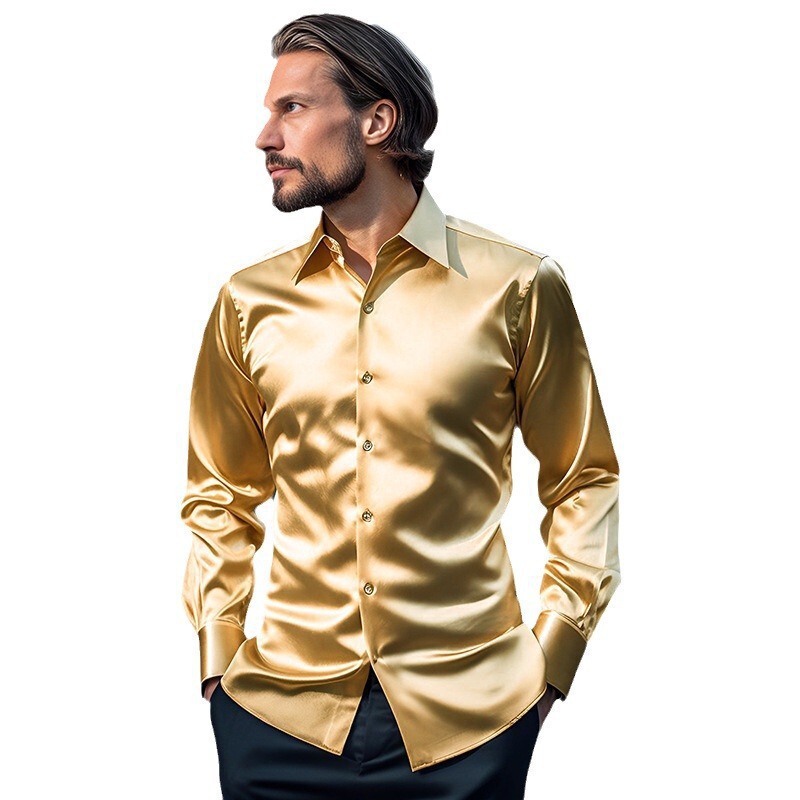 2024 Autumn New Amazon Men's Satin Nightclub Long Sleeve Shirt, European Size, Solid Color Trendy Shirt for Men