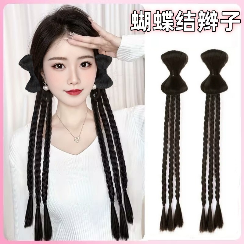 New Chinese Style Wig Braid Women's Duckbill Clip Bow Hair Bag Fluffy Hair Boxing Braid One-piece Long Hair Double Ponytail