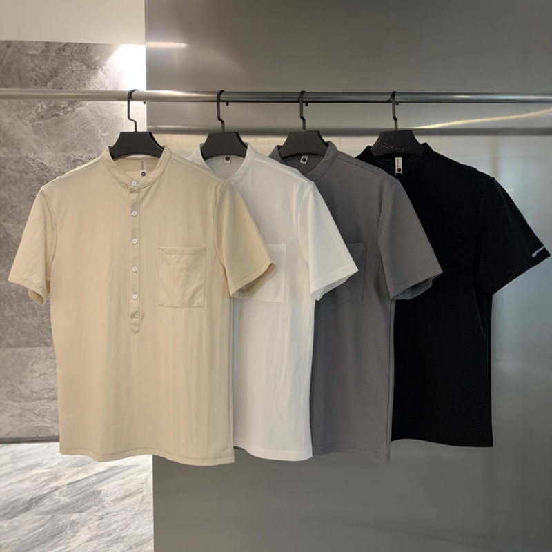 Cotton Blend! Solid Color, Lightweight, Breathable, Artistic Casual Henley Collar Short-Sleeve Shirt for Men