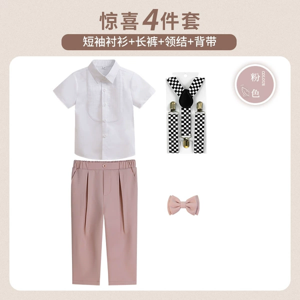 Fuchsia set, shirt, trousers, suspenders, bow tie, with short sleeve