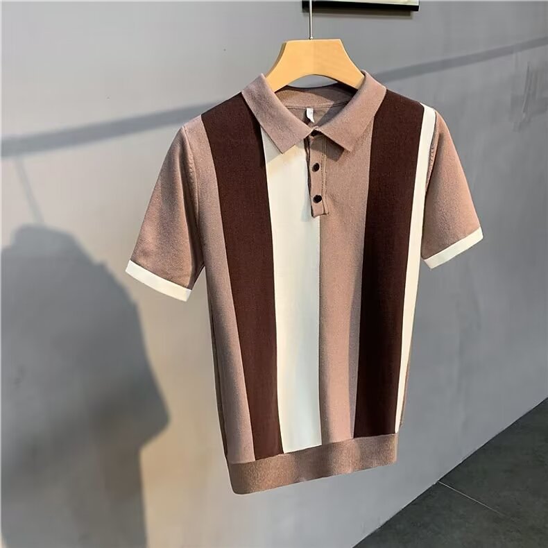 Men's Clothing Summer New Ice Silk Striped Lapel Short Sleeved Sweater Men's Fashion Youth Trend All Match Casual Tops Trend_viptrois.com