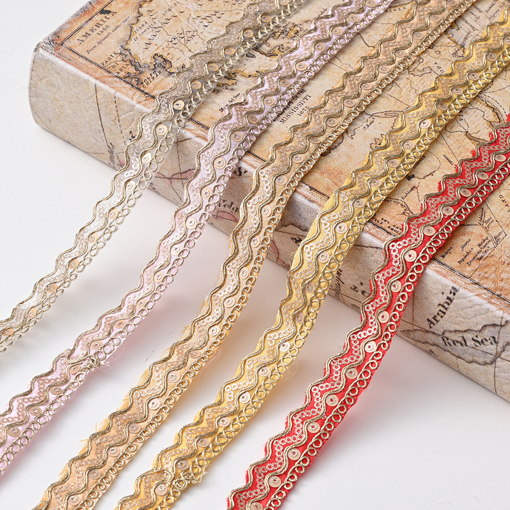 多色民族风花边辅料金色股线刺绣花边绣花条码服装配饰织带批发