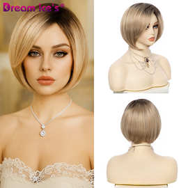 跨境时尚欧美短直发渐变金仿真自然波波头哑光化纤假发女头套代发