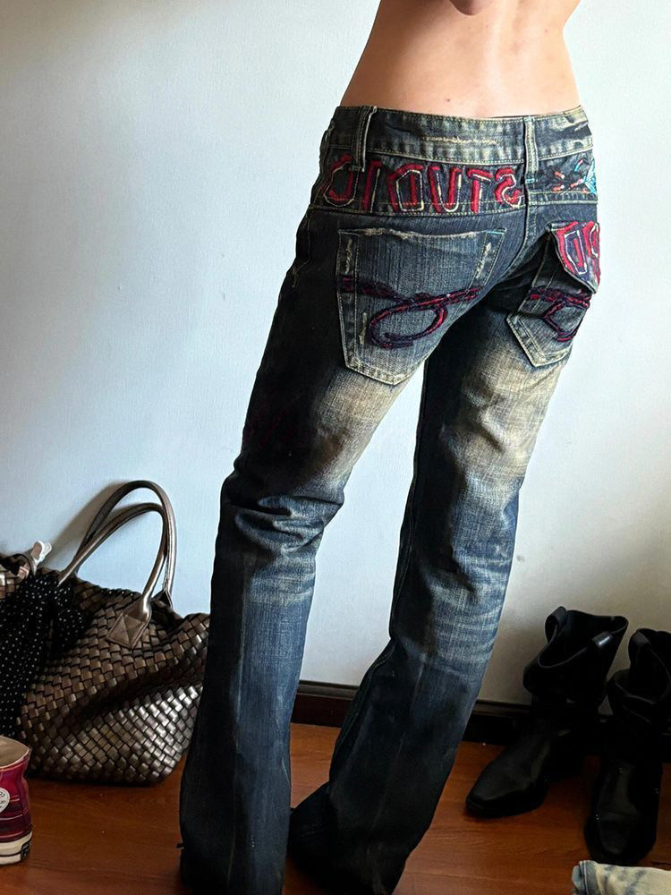 ​​Vintage Low-Rise Distressed Jeans For Women - Y2k Style With Heavy Embroidery, Baggy & Long Straight Leg Denim Pants​​_ecoleips.com
