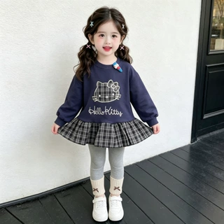 女童卡通猫咪卫衣春秋2026款洋气可爱宽松格子拼接长袖上衣打底裤
