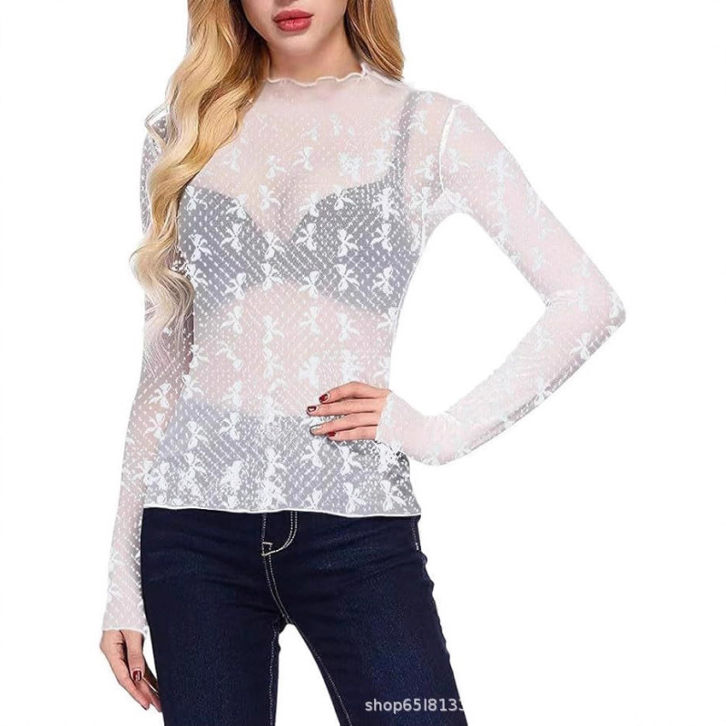Amazon Temu European and American Cross-Border Foreign Trade Women's Mesh Transparent Lace Layered Top with a Stand-Up Collar See-Through Shirt Amazon Temu European and American Cross-Border Foreign Trade Women's Mesh Transparent Lace Layered Top with a Stand-Up Collar See-Through Shirt