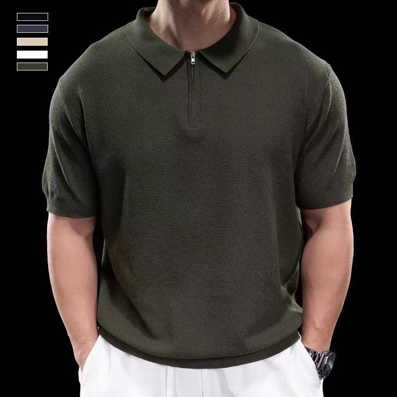 Camisa de polo de manga corta con textura de cremallera de alta calidad de verano, nueva camiseta de solapa de negocios de moda para hombres