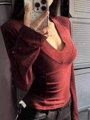 270克慕斯羊絨 墊肩雙面磨毛V領打底衫設計感長袖T恤女純欲風上衣