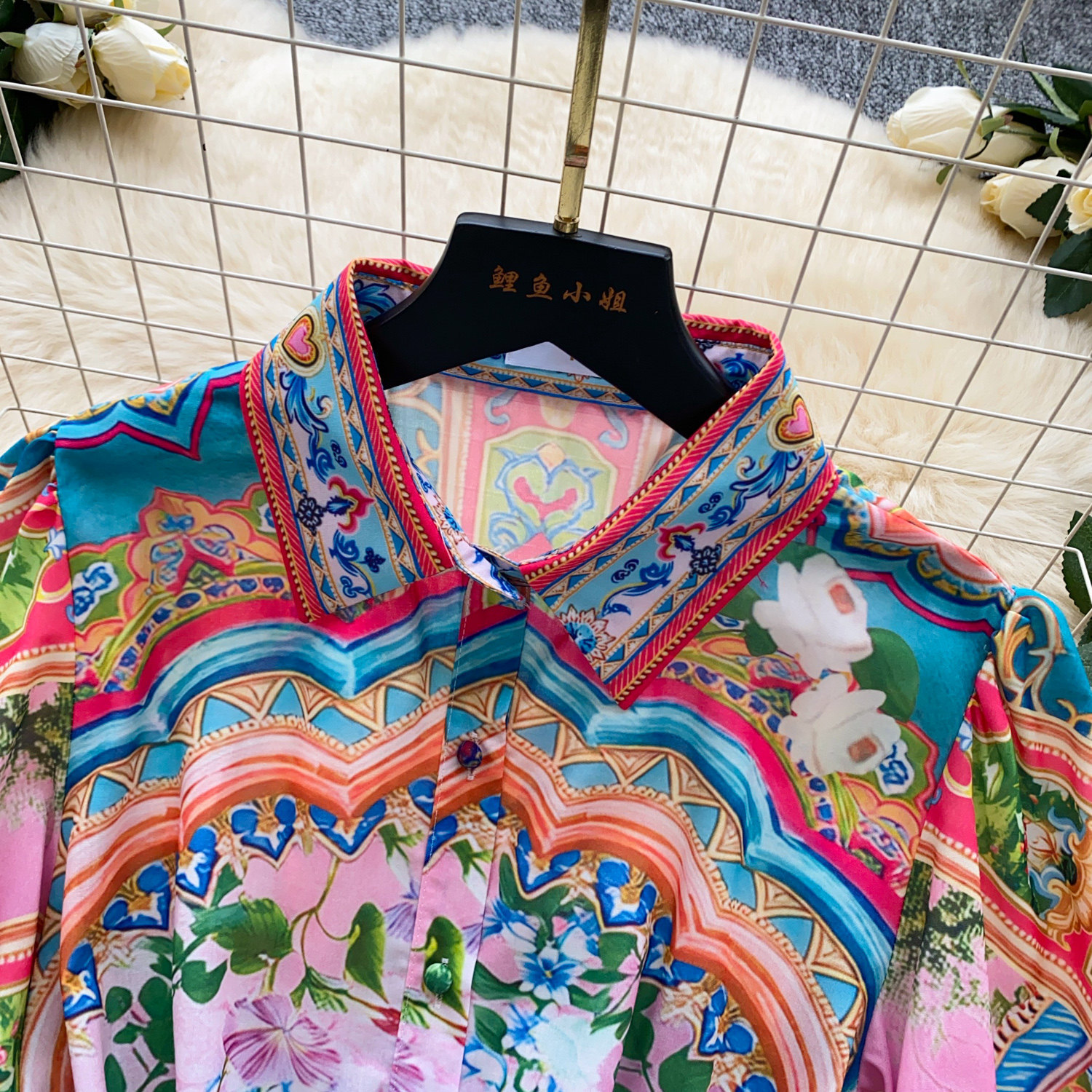 Women's Bohemian Print Dress Korean Style Long Sleeve Shirt Collar Tie Waist Cinching a Line Skirt for Vacation Summer_ecoleips.com