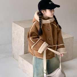 女童加绒羊羔外套2024年冬季儿童新款皮毛加厚一体宝宝保暖冬装潮