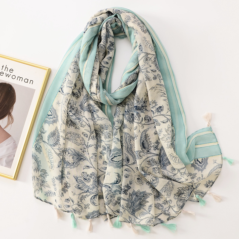 Japonés y coreano dulce elegante borla bufanda algodón y lino sensación bufanda planta flor imprimir viaje protector solar toalla de playa para las mujeres