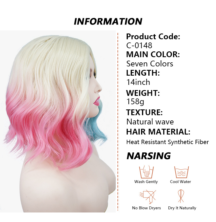Perruque synthétique en fibre de cosplay pour Halloween, cheveux courts et bouclés colorés, ensemble de tête complète_voghion.com