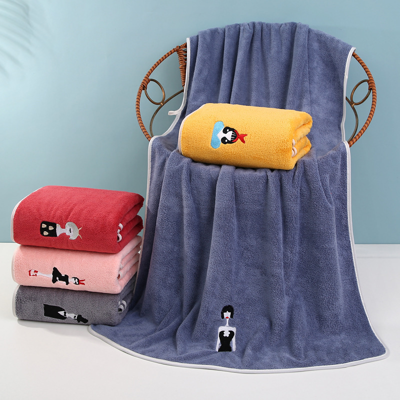 Character Embroidered Coral Velvet Bath Towel, Soft and Absorbent, Household Simple Adult Bathing Beach Towel