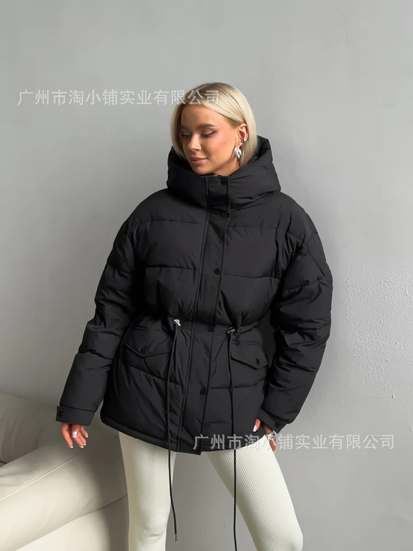 韩版显百搭收腰女中冬季高级感连帽抽绳2025新款外套简约加厚外套|undefined
