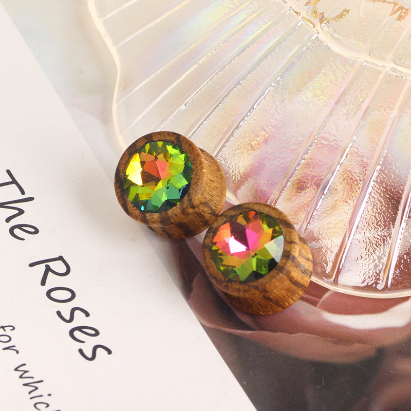 Wood Inlay Crystal Tooth Ear Spreader - Punk Style Waist Drum Ear Gauges Stainless Steel detail image 7