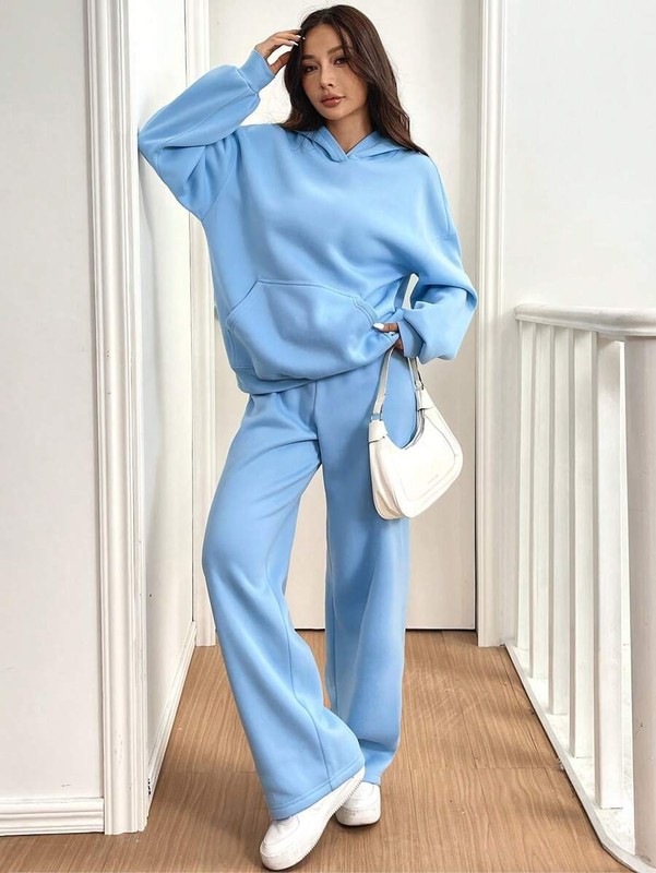 欧美亚马逊跨境2件套女士休闲保暖衬里连帽衫休闲裤秋冬运动套装|undefined