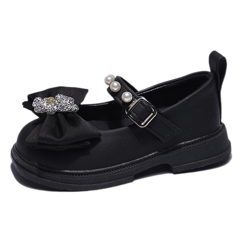 Zapatos de cuero de niñas otoño 2025 negro simple zapatos de mary-zhen zapatos de niñas arco extranjero zapatos de princesa de perlas