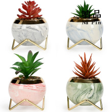 呐品 外贸出口跨境专供大理石纹金边球形陶瓷多肉花盆 加架子