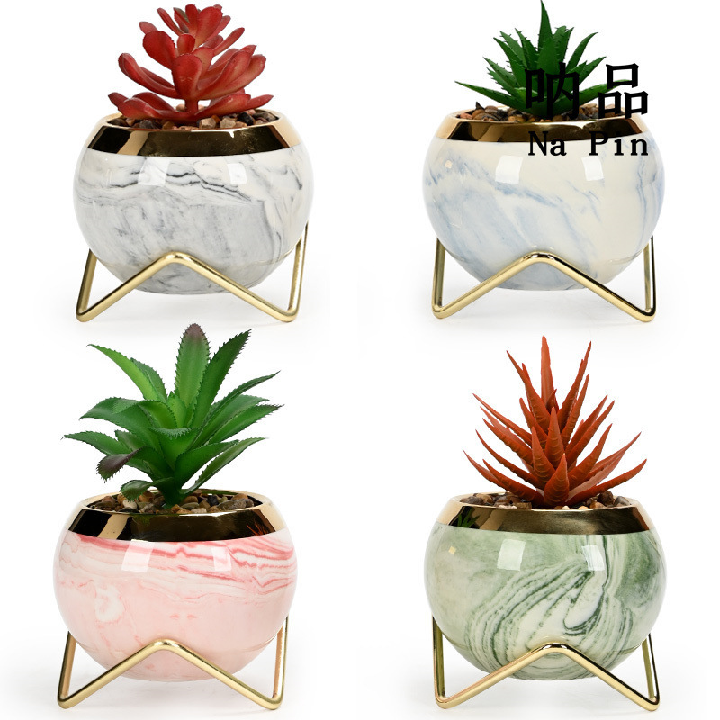 Suopin foreign trade export cross-border special marbling golden edge spherical ceramic succulent flower pot with shelf