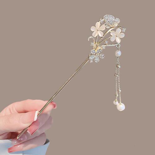 New Chinese style high-end fine glitter flower cat's eye hairpin for women, long tassels, ancient style hairpin for cheongsam and long tassels.