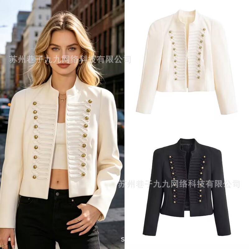 European and American women's fashion 2026 new foreign trade model, metal buckle stand-up collar, dark court style, short slim-fit blazer European and American women's fashion 2026 new foreign trade model, metal buckle stand-up collar, dark court style, short slim-fit blazer