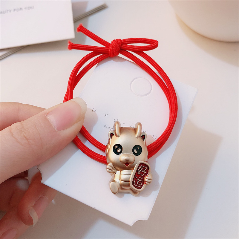 Año del Dragón Zodiaco de alta sensación metal rojo Año Nuevo anillo de cabello de alta altura cuerda elástica cuerda de cabello festiva adornos para el cabello