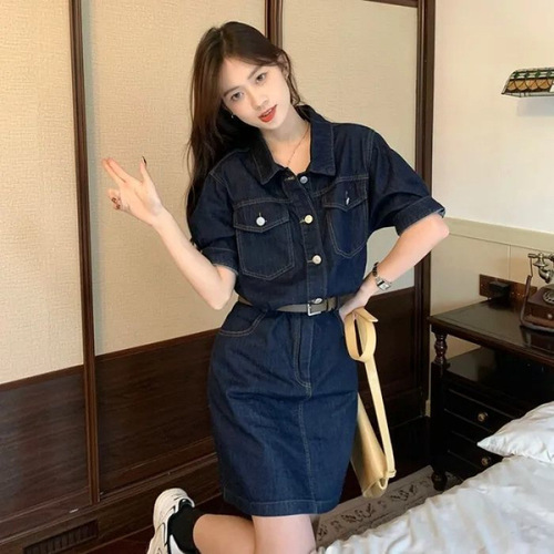 Short-sleeved denim dress for women in summer new loose large size waist-retracting and relaxing casual and age-reducing temperament skirt