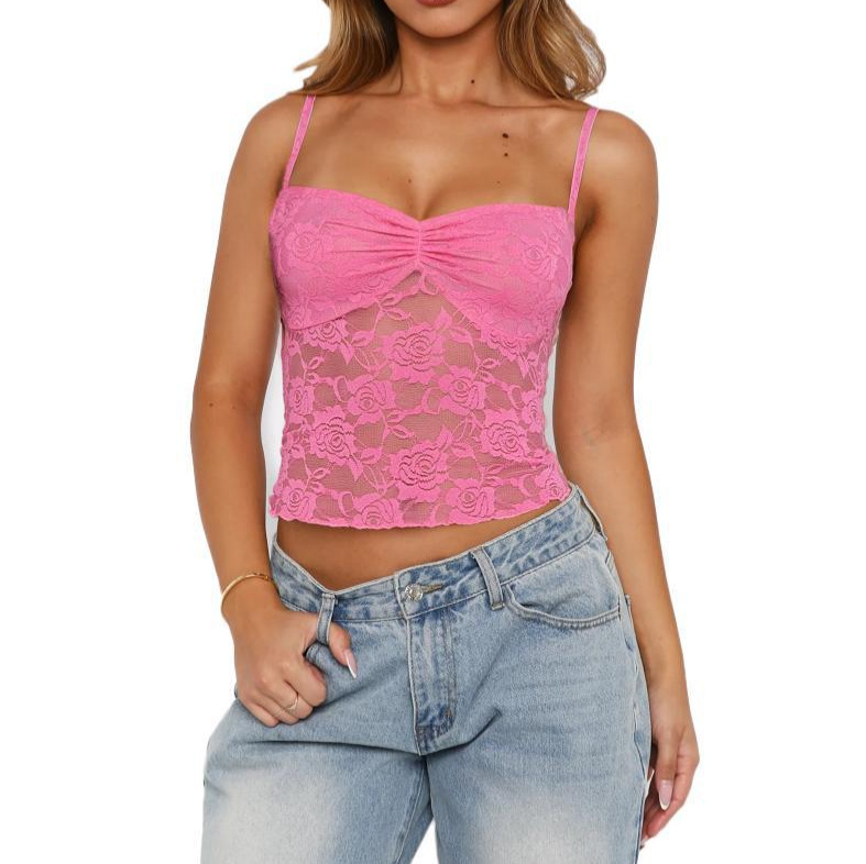 Amazon European and American Hollow Out Women's Lace Top Sexy Outgoing Vest Cropped Top