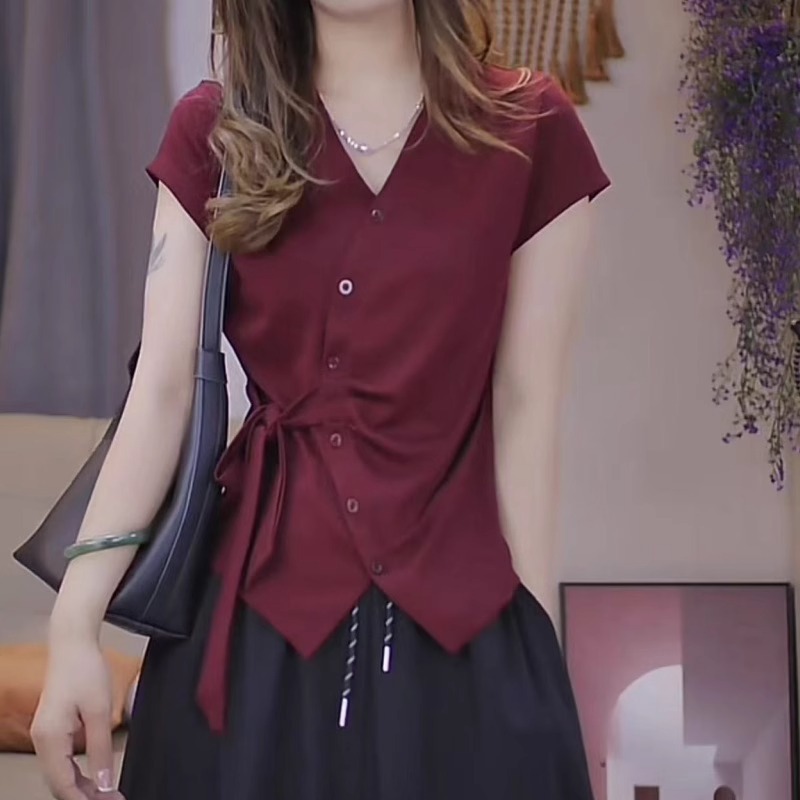 Áo thun nữ tay ngắn thiết kế kiểu Pháp, eo thon, thắt nơ xếp ly màu tím — Màu hồng tím chi tiết 4
