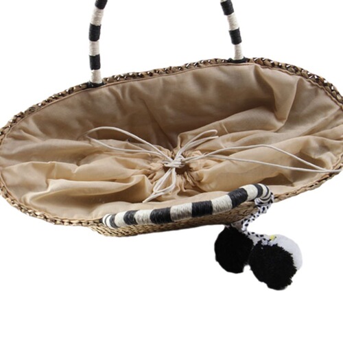 Bohemian Large Capacity Grass Woven Bag New Plush Ball Tote Shoulder Weaving Bag Vacation Beach Bag Handbag for Women