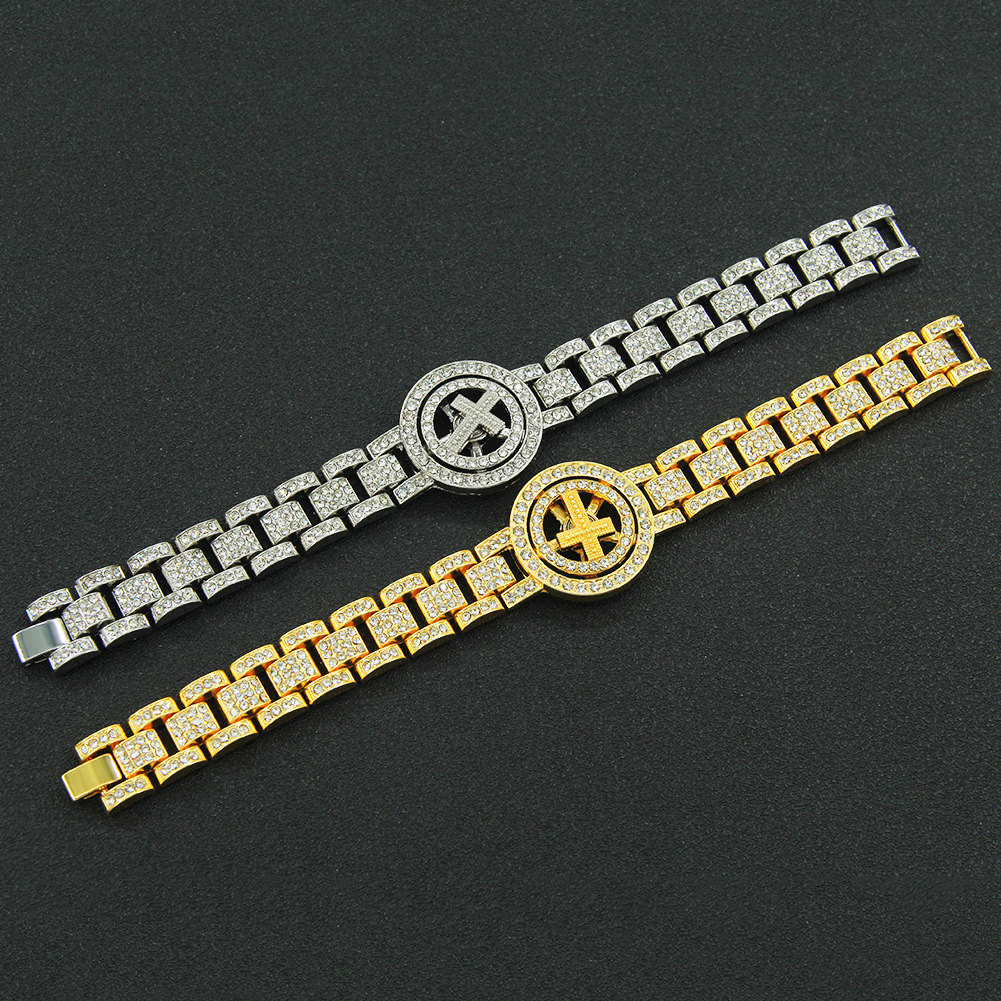 European And American Personality Creative Hip-Hop Rotatable Cross Watch Chain Men's Domineering Full Diamond Bracelet_voghion.com