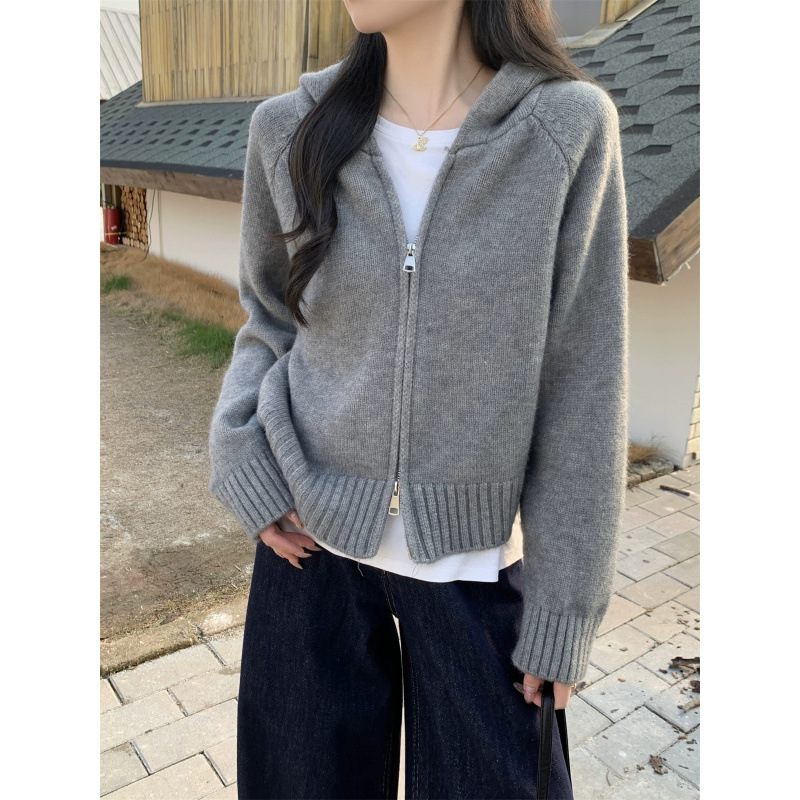 Coreana doble cremallera con capuz de punto Cardigan de mujer otoño invierno exterior diseño sensación perezosa suave abrigo de suéter de aire