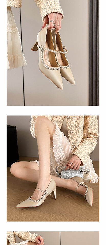 Giày cao gót Mary Jane quai ngang đính đá lụa satin, gót vuông 6–8 cm, mũi nhọn — Màu trắng ngà, Vàng nhạt, màu đen chi tiết 6