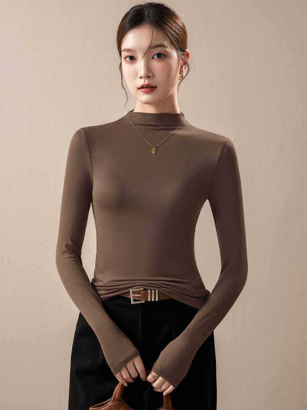 半高领打底衫女春秋季2025新款内搭修身显瘦咖色上衣中领长袖t恤|undefined