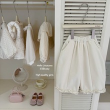 【乐恩童装】原创设计秋冬女童米白花边加绒阔腿裤宝宝加厚休闲裤