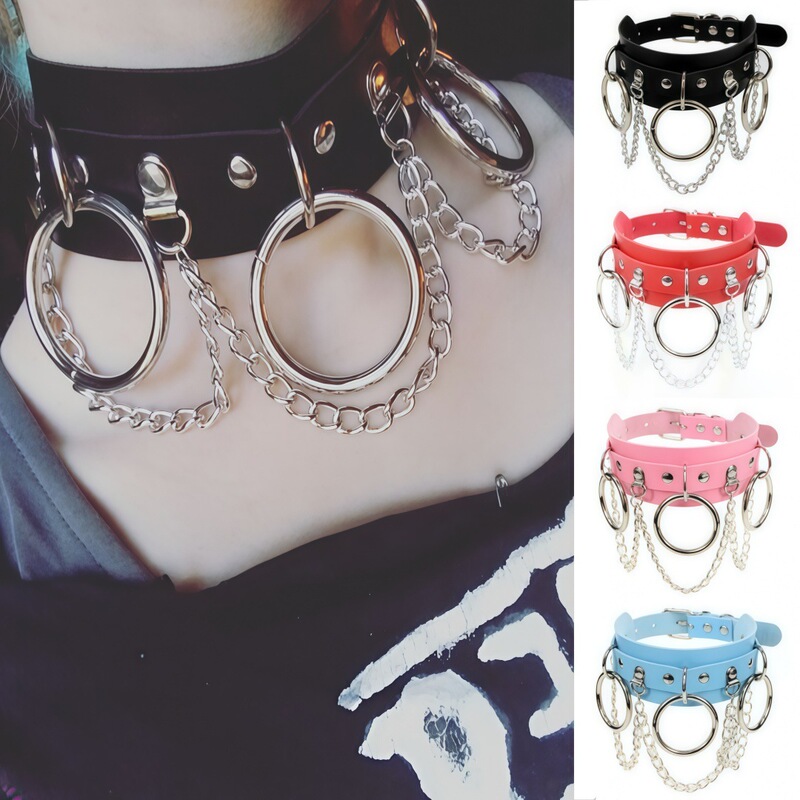Eco-Friendly Pu Leather European and American Fashion Punk Street Style Nightclub O-Ring Chain Clavicle Chain Exaggerated Neck Chain Necklace Eco-Friendly Pu Leather European and American Fashion Punk Street Style Nightclub O-Ring Chain Clavicle Chain Exaggerated Neck Chain Necklace