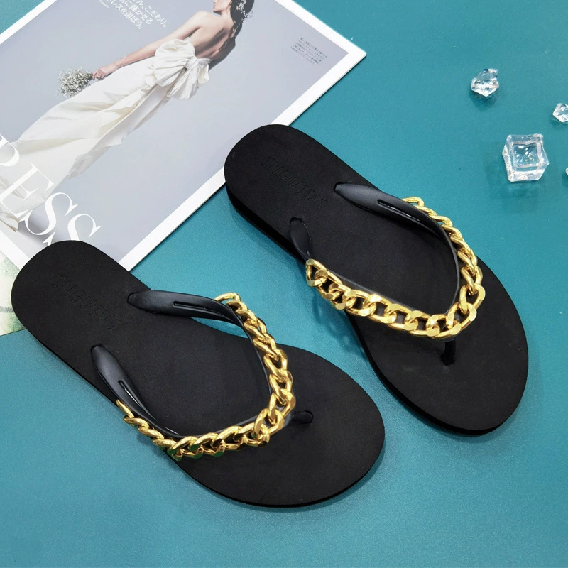 Fashionable summer flip flops, beach footwear, chain, slippers, city style, Korean style