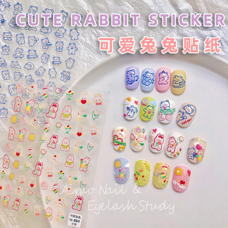Celebridad en línea tomoni pegatinas de uñas lindo conejo de dibujos animados oso hueco alivio 5D adhesivo japonés pegatinas de uñas