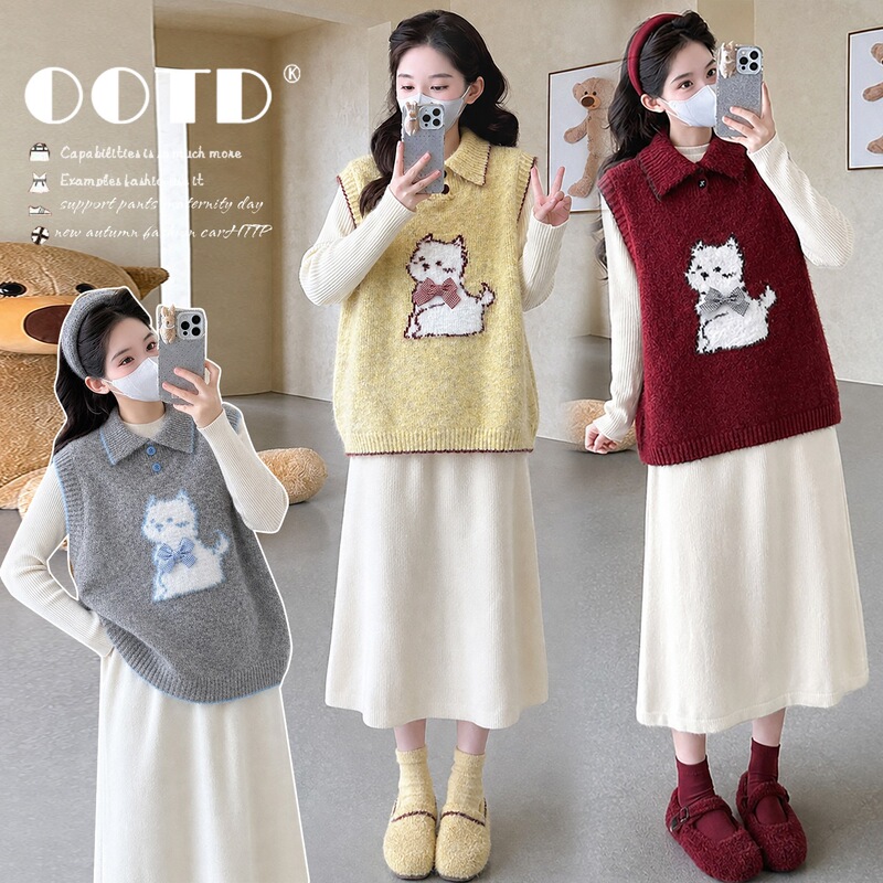 Real shot of cute kitten knitted vest two-piece set for pregnant women, autumn lapel vest and knitted dress Real shot of cute kitten knitted vest two-piece set for pregnant women, autumn lapel vest and knitted dress