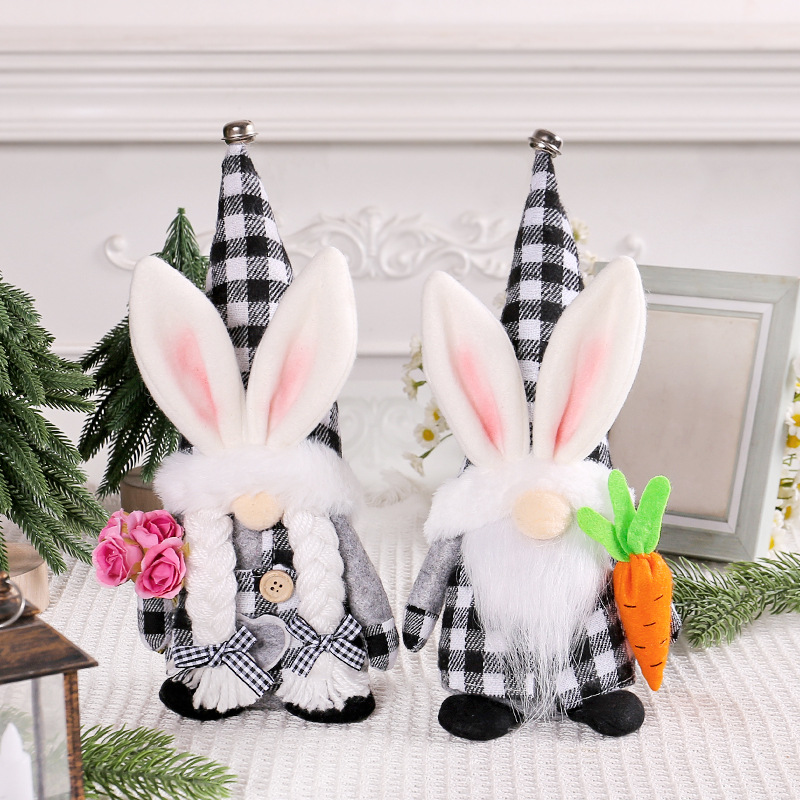 Hong Kong amor transfronterizo conejo de pascua 2023 nuevo blanco y negro Plaid felpa suelo blanco barba vieja muñeca Decoración