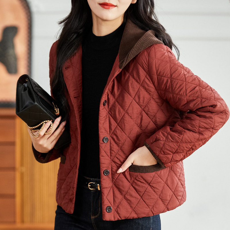 秋冬夹棉外套女2025新款时尚洋气小个子妈妈短款休闲连帽菱格棉服