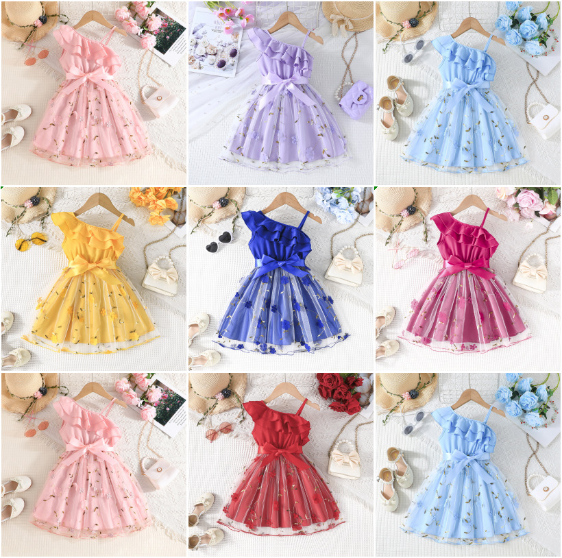 Factory Direct Supply Girls' Off-Shoulder Ruffle Strap Dress Floral Mesh Princess Dress Summer Children's Dress in Stock