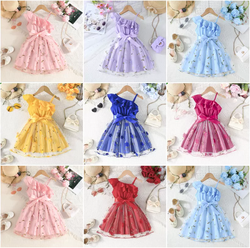 厂家直供女童斜肩荷叶边吊带连衣裙花朵网纱公主裙夏季儿童裙现货